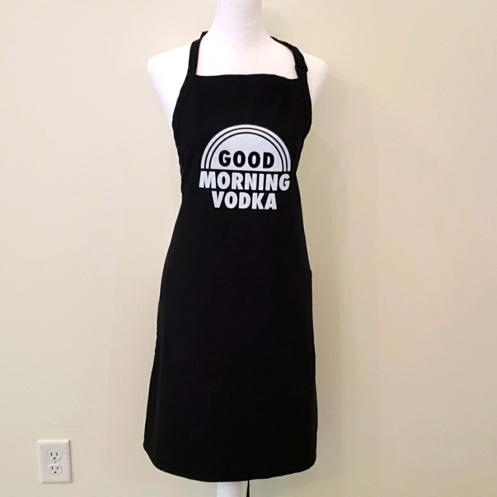 "Good Morning Vodka" long black apron with pockets UNISEX